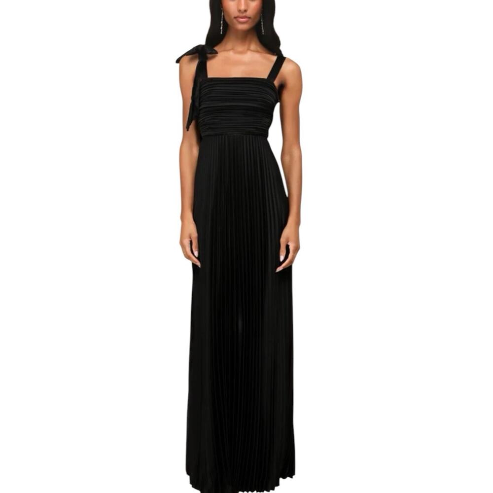 NWT Lulus Gorgeous Purpose Black Satin Pleated Sleeveless Bow Maxi Dress Large